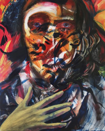 "Portraits croisés - Autoportrait" - Acrylique, crayons de couleurs, craies grasses et fusain sur toile - 100 X 80 X 5 cm. 2014.